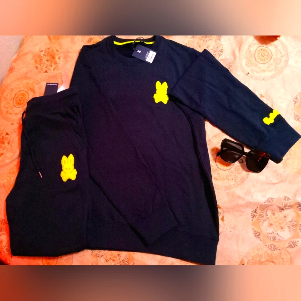 410 Navy and lime green Pshycho Bunny men's XL sweatshirt and  L sweatpants